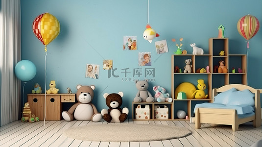 3D 渲染一个俏皮的儿童卧室，配有毛绒动物和写字板