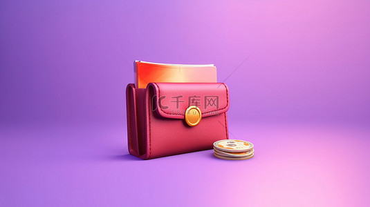 紫色背景，带有现金返还和装满钱的钱包的 3D 渲染插图