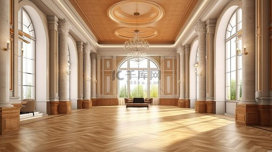 古典风格宽敞的大堂，配有华丽的木质接待台 3D 渲染