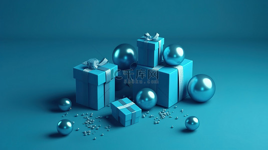 空白蓝色背景，带有 3D 蓝色礼物，非常适合生日婚礼父亲节和新年礼物