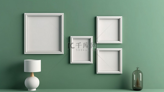 挂壁空调背景图片_挂在充满活力的绿色墙上的肖像相框模型的 3D 渲染