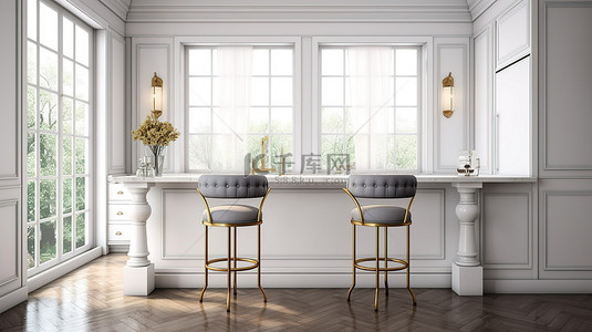 可旋转吧椅背景图片_优雅的白色厨房，配有 3D 渲染的吧凳