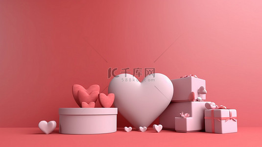 心框背景图片_用大心形和礼品盒呈现 3d 情人节横幅