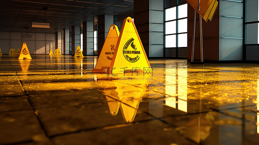 Discord 3d 中的小心湿地板呈现带有黄色危险标志的社交媒体营销图像