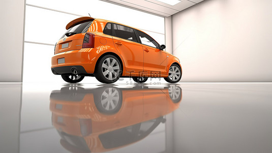 白色工作室背景以引人注目的 3D 渲染展示了一辆无品牌橙色汽车