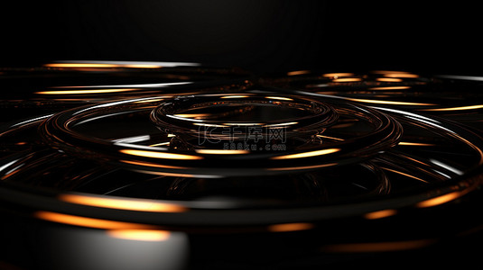 金属黑色背景的 3D 渲染插图，带有唤起未来主义氛围的圆环
