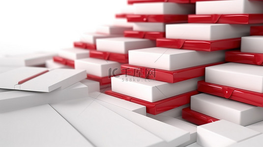 白色空白纸板披萨盒的 3D 渲染，堆叠在干净的白色背景上的红色邮箱中