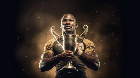 胜利的橄榄球运动员拥抱奖杯的 3d 合成图像