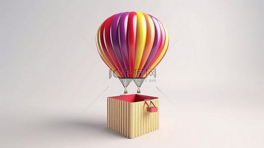 粉红色卡通气球背景图片_五颜六色的热气球在空白画布上翱翔，3D 礼品盒