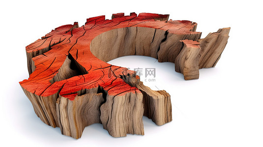 40 个木雕 3D 渲染在白色背景上，带有裂缝和红色色调