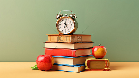 回到学校必需品一堆苹果一堆书一个包和一个 3D 渲染的闹钟