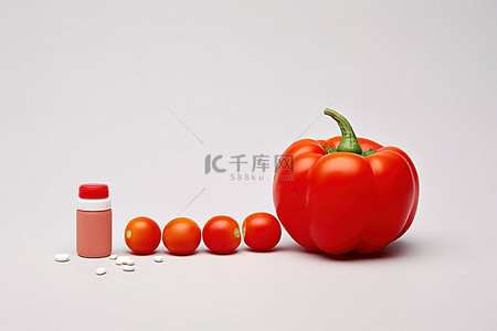 药丸食品摄影旁边的红辣椒和西红柿
