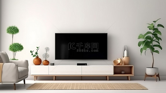 白色客厅墙壁上显示的简约智能电视 3D 概念