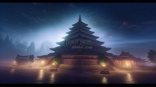寺庙平面背景图片_一群笼罩在雾中的佛塔的暮色渲染