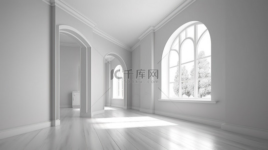 3D 渲染的房间，窗框处于空闲状态