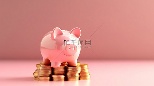 粉红色背景存钱罐的 3D 渲染，上面堆放着硬币，代表退休和储蓄
