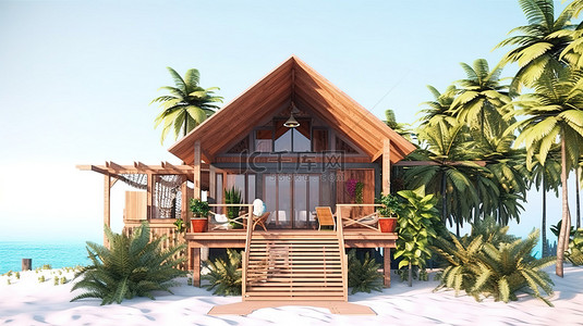 热带设计的阳光明媚的木制海滨别墅的 3D 插图