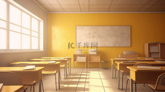 白板教室背景图片_带有 3D 渲染白板的金墙教室