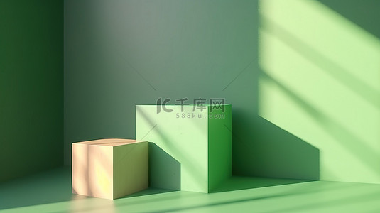 绿墙 3d 渲染两个产品盒放置在阳光阴影背景下非常适合演示