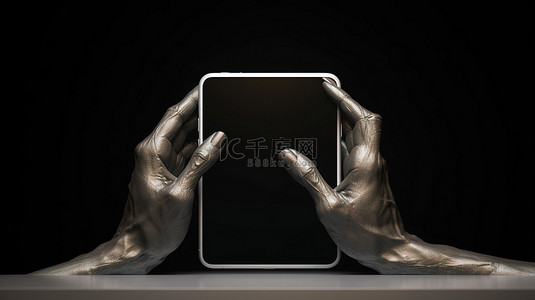 雕刻手背景图片_手机放在两只雕刻手上的 3D 插图