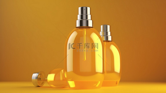 皮膚護理背景图片_黄色背景面部血清治疗瓶模型的 3D 渲染，用于护肤产品美容