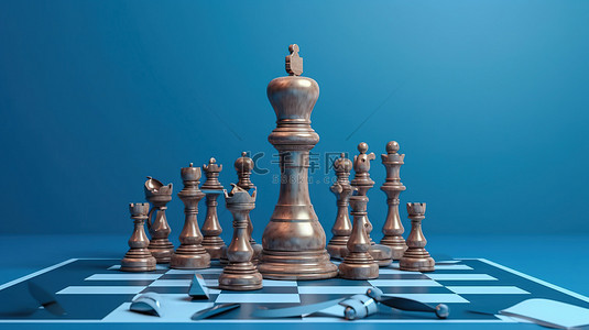 jj象棋背景图片_国际象棋战略游戏 3D 渲染的棋盘和蓝色背景上的时钟