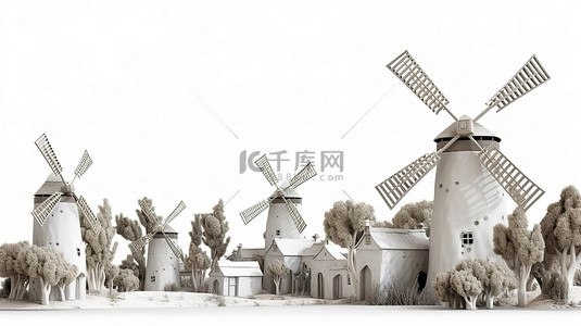 3d 创建的白色背景下粘土外观风格的老式风车农场