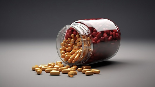 灰色背景下棕色罐子中胶囊和药丸的 3D 渲染