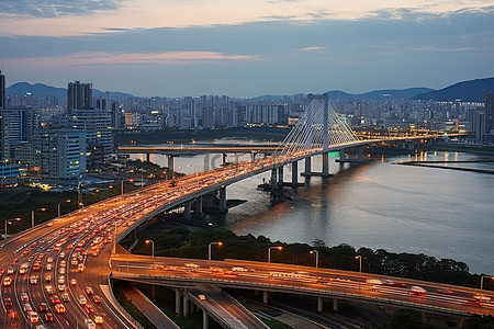 杨浦滨江背景图片_在城市中可以看到桥上的交通流