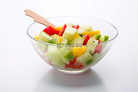 各种蔬菜水果肉背景图片_小碗里装满切碎的蔬菜和水果