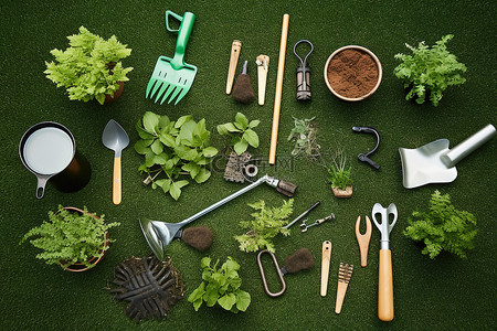 一些园艺工具放在一块草地上