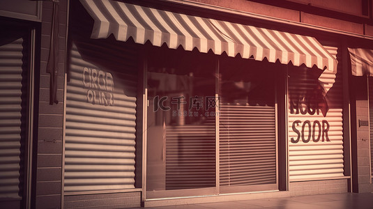 优质店铺背景图片_关闭的商店 3D 渲染，带有落下的百叶窗和道歉标志