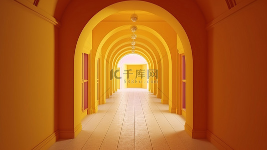 拱门人行道在 3d 渲染长隧道与红地毯