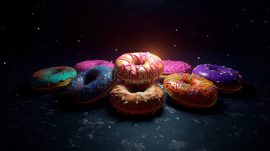 充满活力的甜甜圈在夜空中以 3D 呈现
