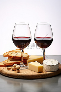 墙前的木板上放着三杯葡萄酒奶酪和面包