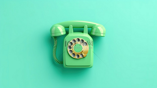 蓝色背景上绿色电话图标的简约概念 3D 渲染