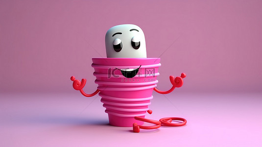 甜海报背景图片_卡通人物的 3D 插图渲染，弹性臂持有粉色杯子和红色别针