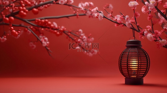 樱花图形背景图片_红色背景上的猩红色灯笼和盛开的樱花，带有 3D 图形的欢乐农历新年庆祝活动