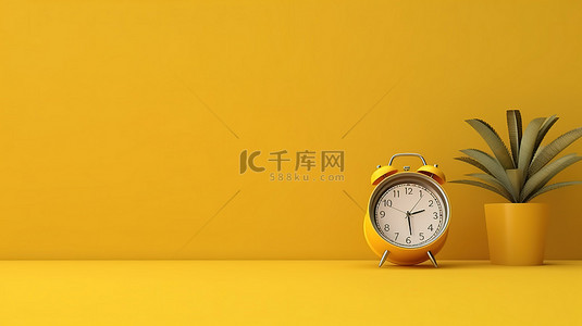 3D 渲染黄色背景，带有匹配颜色的圆桌时钟
