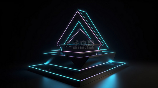 霓虹灯点亮的深色背景与 3D 渲染的黑色几何支架相得益彰