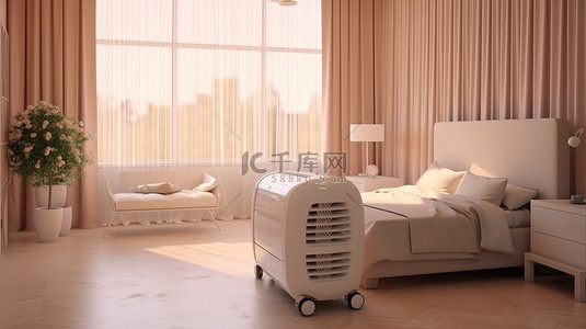 空调背景背景图片_卧室便携式空调装置的 3D 渲染