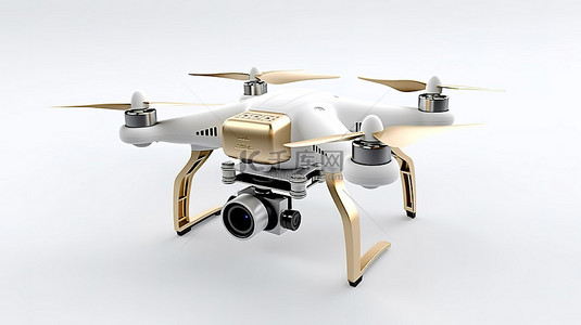 白色小飞机背景图片_使用 3D 渲染创建的干净背景上配备老式相机的白色四轴飞行器
