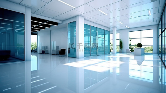时尚现代的蓝色玻璃和白色 3D 办公室渲染