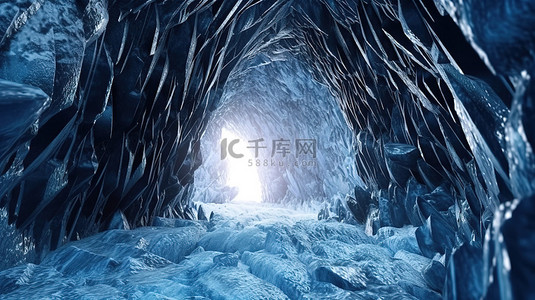 蓝色背景雪景背景图片_冰冻仙境 3D 渲染冰柱洞穴与蓝色水流