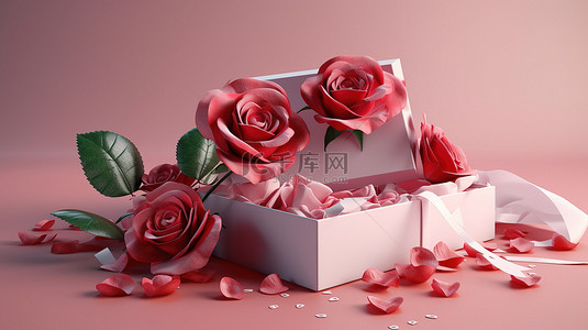 花玫瑰背景图片_玫瑰花束和贺卡呈现在 3d 渲染的礼品盒中
