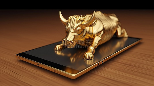 商务平板电脑上金牛雕像的 3D 渲染