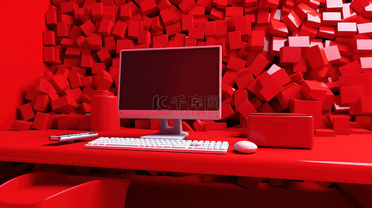 商务沟通背景图片_红色办公桌的 3D 渲染，配有非常适合横幅的电脑