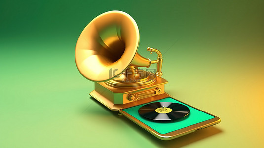 老式留声机播放智能手机 3D 概念设计中的音乐