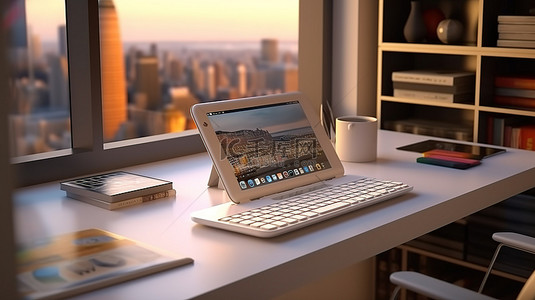 魔术桌子背景图片_时尚的现代工作站，配有移动平板电脑和魔术键盘高清 3D 渲染