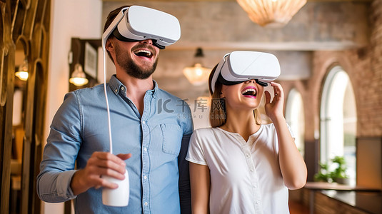 快乐的一对尝试 3D VR 耳机，对新技术和虚拟冒险感到高兴